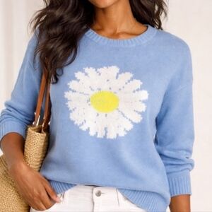 Tribal Blue Daisy Knit Sweater Size Small‎ 100% Cotton